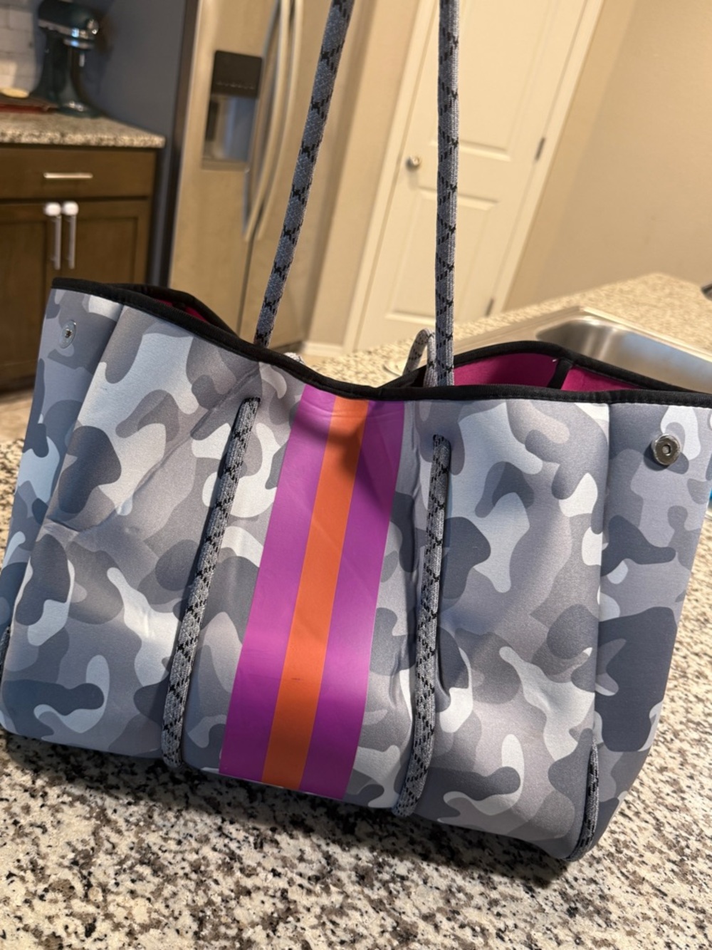 Gray Camo Tote with Pink & Orange Stripe